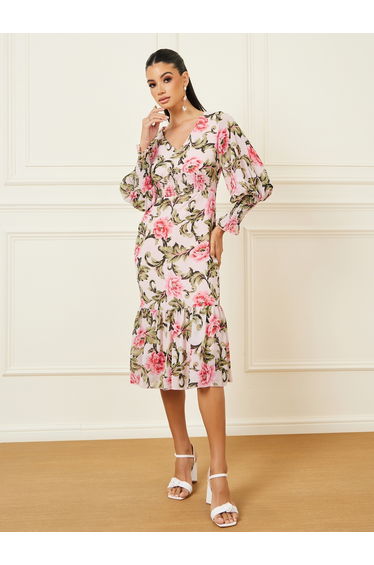 Floral Print Smocked Detail Bodycon Midi Dress
