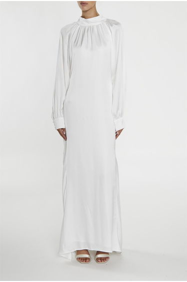 Reyna White High-Neck Fishtail Maxi-Dress