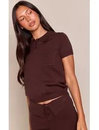 Chocolate Pocket Detail Knitted Polo Top