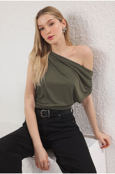 Khaki More Sustainable Modal Fitted Asymmetric Collar Knitted Blouse