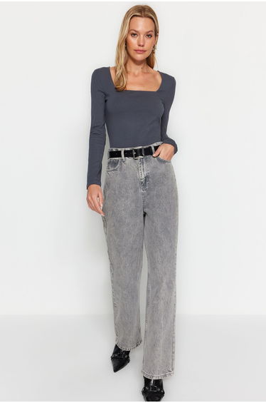 Anthracite Cotton Square Collar Regular Fit Knitted top