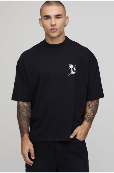 Black Oversized Boxy Floral Puff Print T-Shirt - black