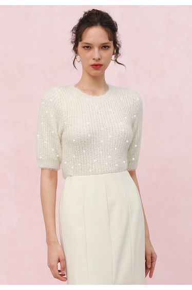 Sequin Fuzzy Short Sleeve Sweater in Cream