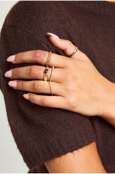 Diamante & Enamel Detail Rings 5 Pack - gold