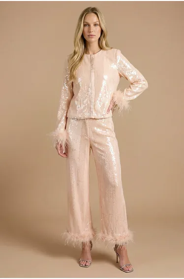 Hen High Waisted Sequin Feather Trim Trouser