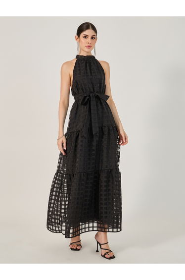 Mesh Inserted Halter Neck Tiered Maxi Dress