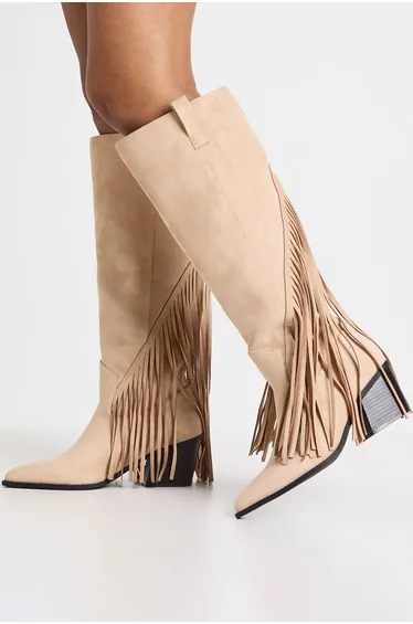 Wide Fit Tassel Western Cowboy Boots - taupe