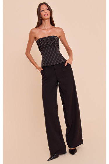 Black Pinstripe Woven Fold Over Buckle Detail Bandeau Top