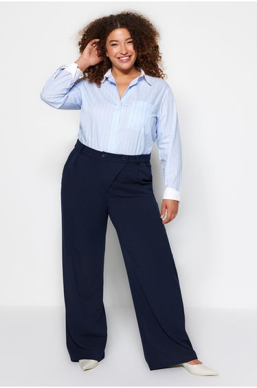 Navy Blue Double Buttoned Woven Trousers with Asymmetrical Pops