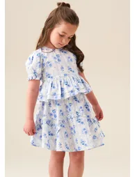 Pia Floral Tie Detail Peplum Top - Blue - 5