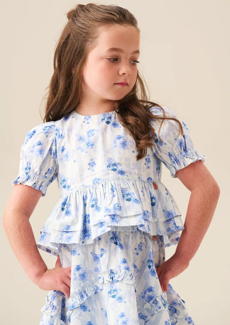 Pia Floral Tie Detail Peplum Top - Blue - 1