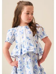 Pia Floral Tie Detail Peplum Top - Blue - 1