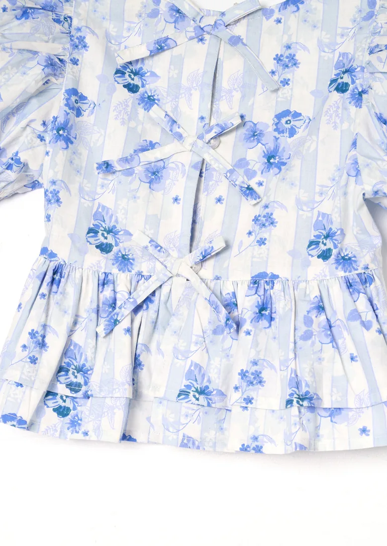 Pia Floral Tie Detail Peplum Top - Blue - 2