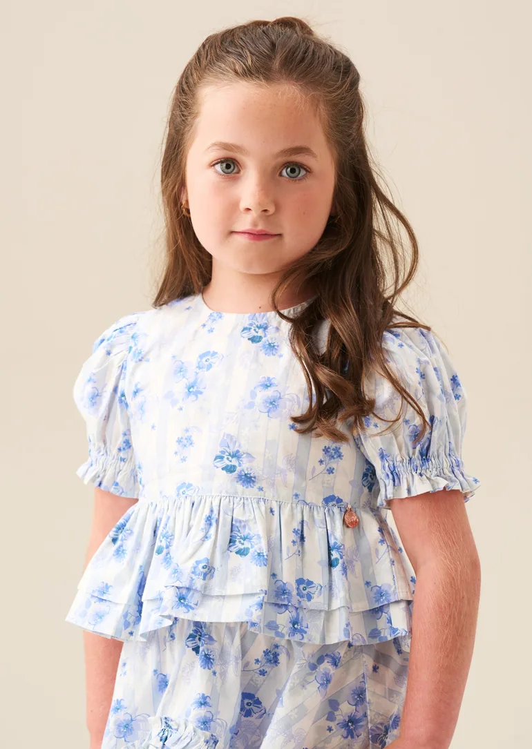 Pia Floral Tie Detail Peplum Top - Blue - 4