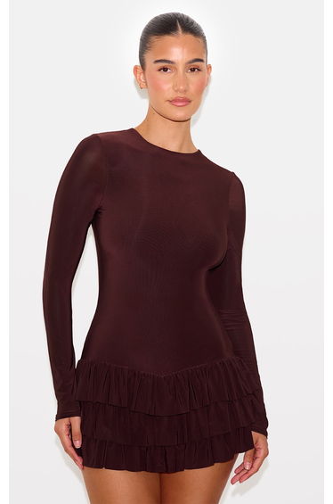 Chocolate Double Layer Slinky Long Sleeve Rara Skort Playsuit