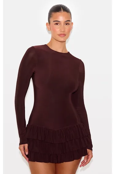 Chocolate Double Layer Slinky Long Sleeve Rara Skort Playsuit