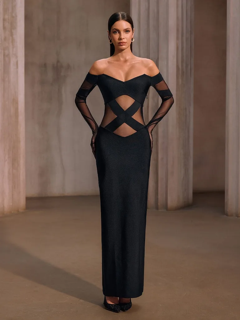 Yorynex Off Shoulder Mesh Bandage Maxi Dress - 4