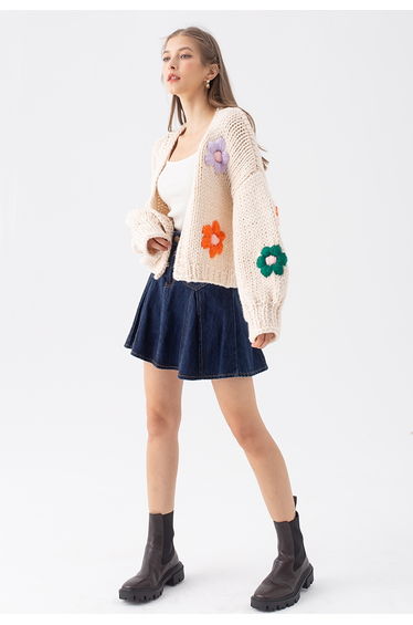 Stitch Flowers Hand-Knit Chunky Cardigan in Cream