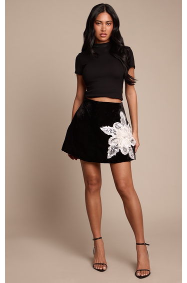 Black Velvet Floral Applique Embellished A-Line Mini Skirt