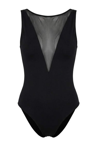 Black Mesh Detailed Halter Neck Covered Brazilian Swimsuit