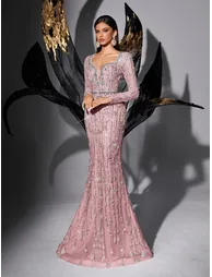 Gorgeous Stylish Solid Color Sequins Deep V Neck Long Sleeve Gown Dresses