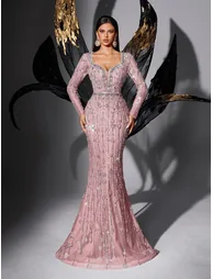 Gorgeous Stylish Solid Color Sequins Deep V Neck Long Sleeve Gown Dresses - 4