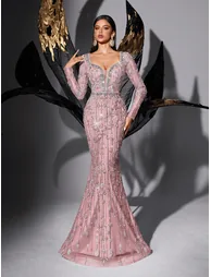 Gorgeous Stylish Solid Color Sequins Deep V Neck Long Sleeve Gown Dresses - 3