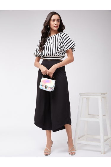 Black Striped Crop Top and Wide Leg Pants Co-ords
