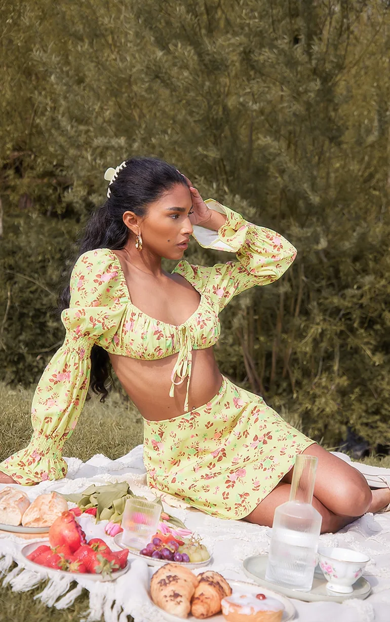 Shop Yellow Floral Print Woven Ruched Long Sleeve Crop Top Online