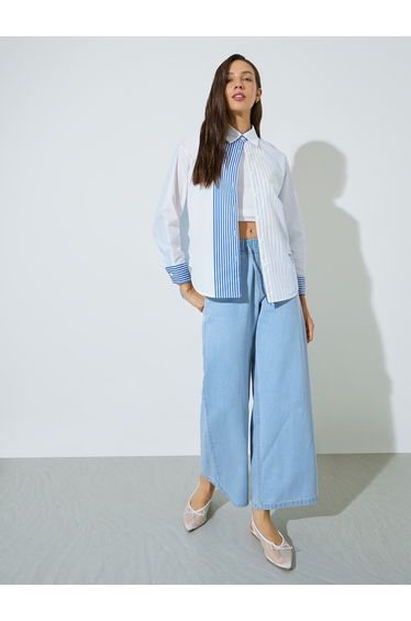 Light Blue Jogger Style Wide Leg Jeans with Drawcord