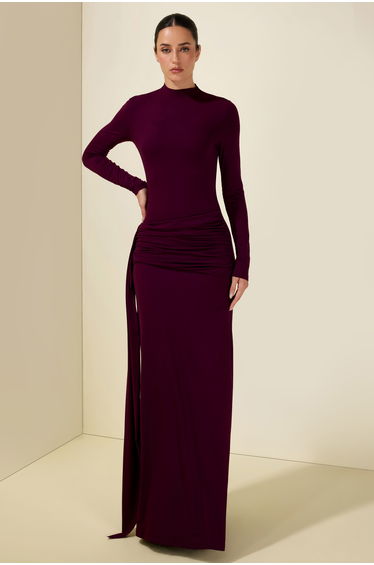 Jersey Stand Collar Long Sleeve Maxi Dress