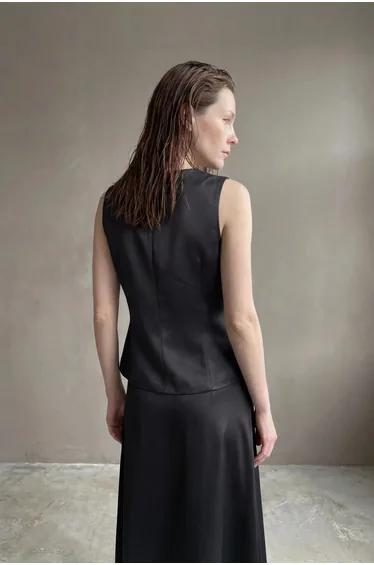 MY FASHION V-Neck Vest & Maxi Skirt Satin Two-Piece Set