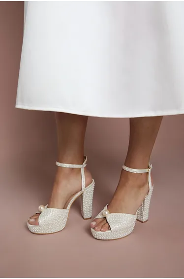 Bridal Ruth Satin Pearl Platform High Block Heel Sandals