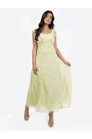 Anaya With Love Gold Detail Flutter Sleeve Tie-Back Spring Green Midi Dress