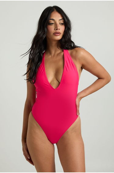 Tie Halterneck Swimsuit - hot pink