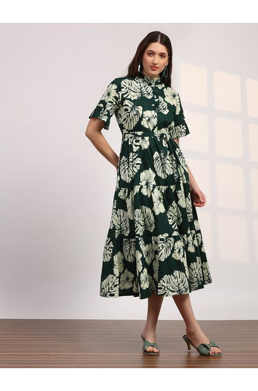 Women Green Floral Print Mandarin Collar Midi Dress