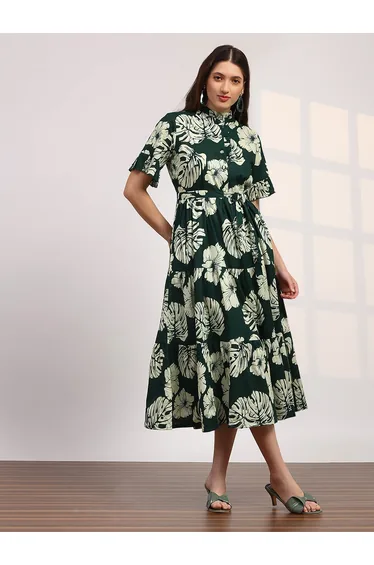 فستان ميدي بطبعة أزهار - أخضر