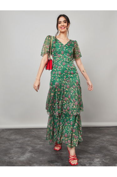 Frill Sleeve Floral Print Layered Maxi Dress