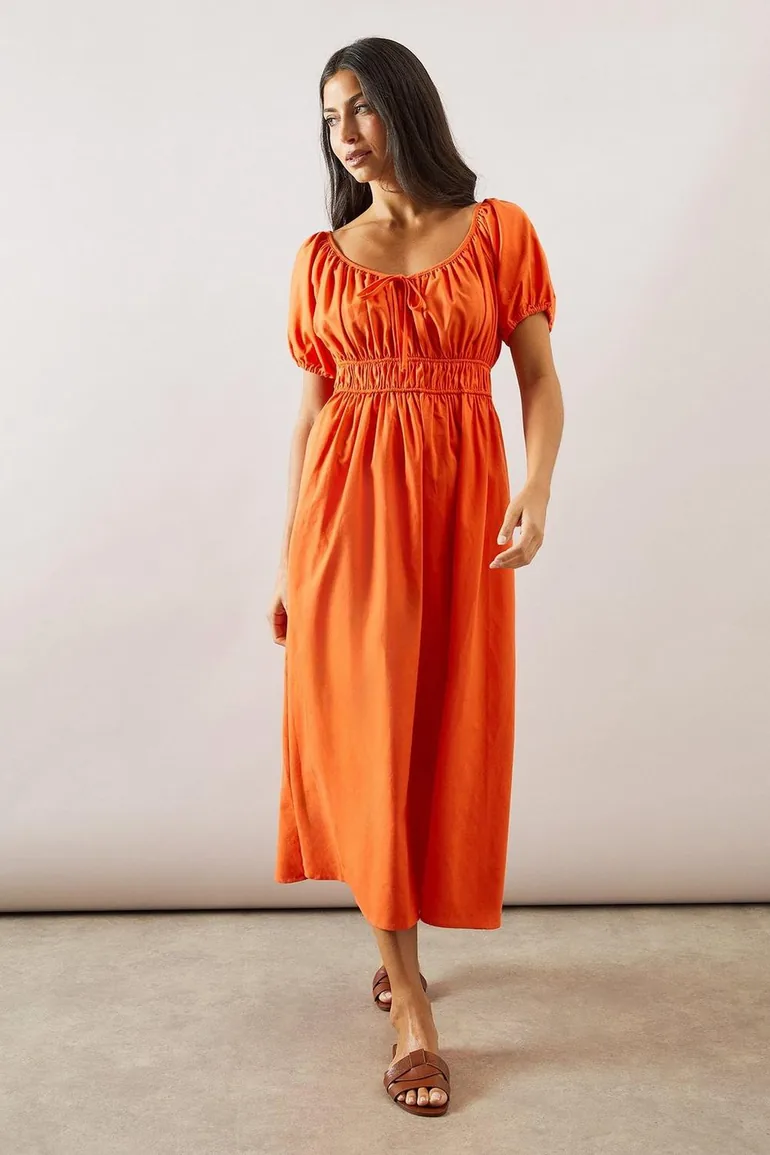 chinese dress ladies Linen Blend Puff Sleeve Square Neck Midaxi Dress – InTheStyle main image 1