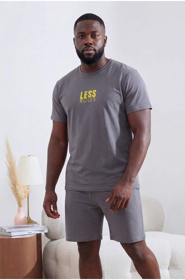 Big Size Dark Gray Regular Fit Printed Knitted Cotton Pcs Shorts Pajamas Set