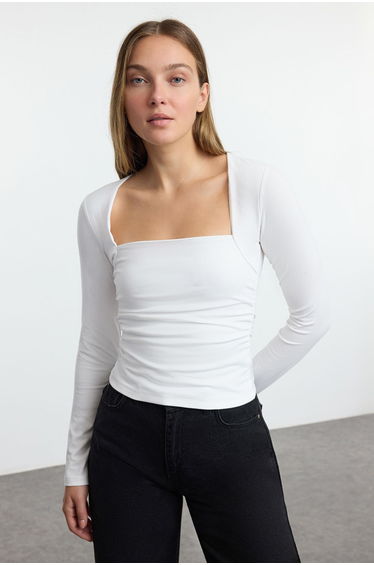 Ecru Square Neck Gathering/Drape Detailed Slim/Fitting Knitted top