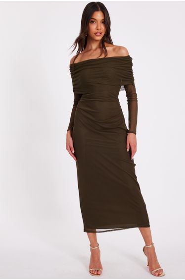 Khaki Mesh Bardot Ruched Midi Dress