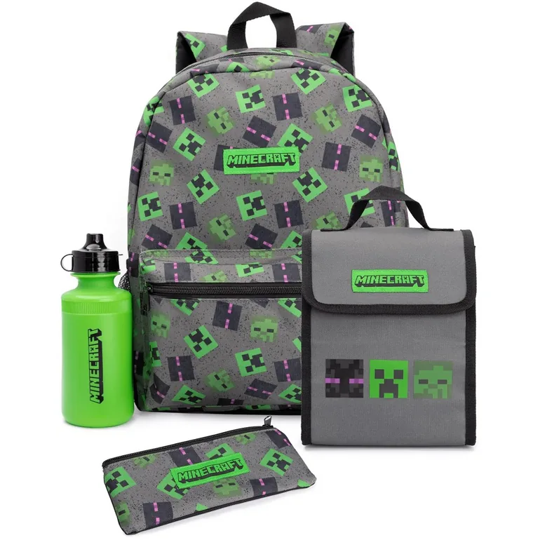 Minecraft Lunch Bag And Backpack Set (Pack of 4) - Grey/Green/Black