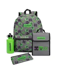 Minecraft Lunch Bag And Backpack Set (Pack of 4) - Grey/Green/Black