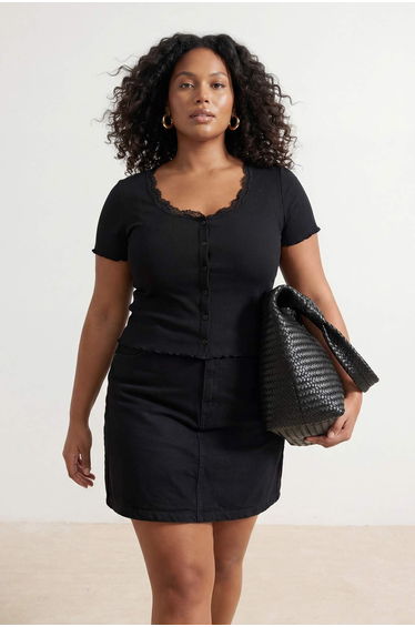 Black Lace Collar Detailed Buttoned Knitted Plus Size Blouse