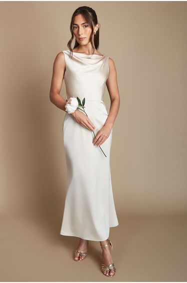 Champagne Cowl Neck Open Back Midi Bridesmaid Dress