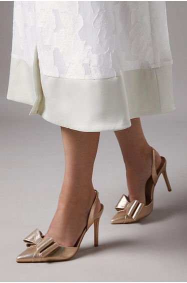 Wide Fit Tamara Metallic Textile Satin Bow Slingback High Stiletto Heel Court Shoes