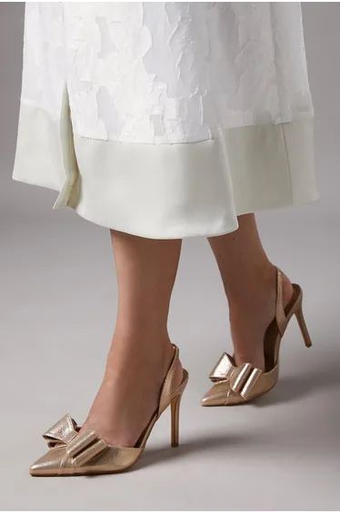 Wide Fit Tamara Metallic Textile Satin Bow Slingback High Stiletto Heel Court Shoes