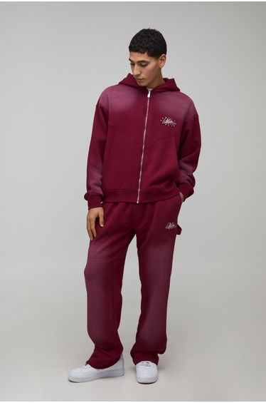Oversized Boxy Western Washed Applique Stud Detail Hooded Tracksuit - burgundy