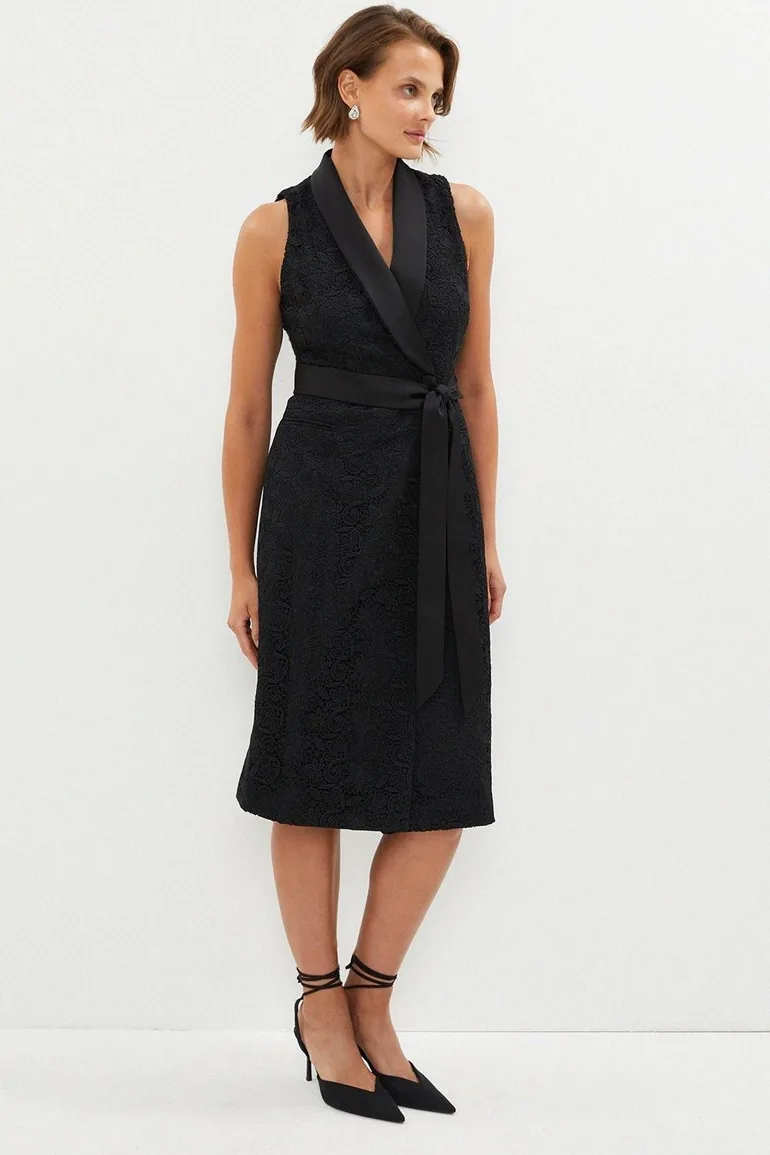 knee length dresses for ladies Long Sleeve Tuxedo Stretch Midi Dress in Midnight
